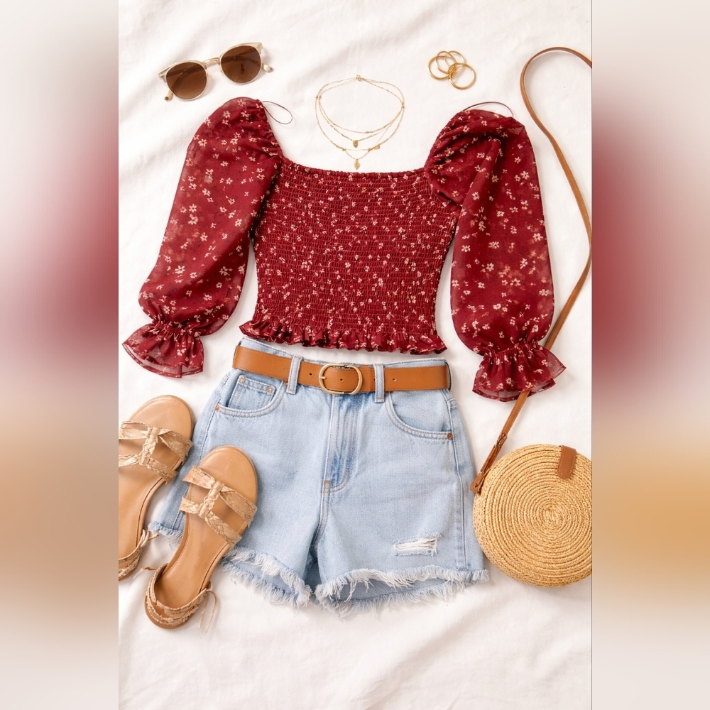 Lush-Burgundy Floral Smocked Puff Sleeve Crop Top Tie Shoulder